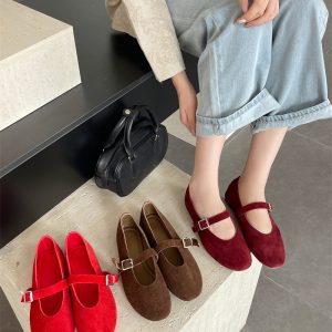 2025 New Genuine Leather Shallow Mouth One-Strap Women's Flat Shoes