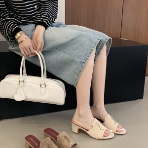 2026 Summer New Style Chunky Heel One-Strap Korean Outdoor Slippers Genuine Leather Women's Shoes